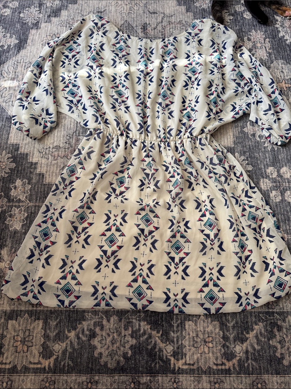 stradivarius Ivory Mini Dress with Navy and Teal Geometric Print